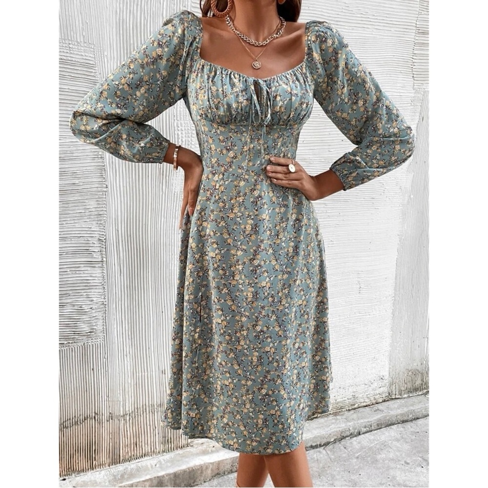 Blue Floral Milkmaid Dress | Midi Length | Long Sleeve | Size 2